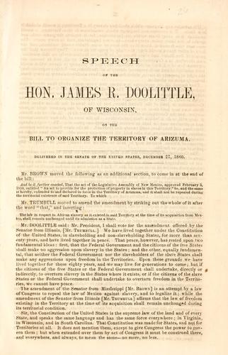 Speech of the Hon. James R. Doolittle, of Wisconsin, on the bill to organize the territory of Arizuma