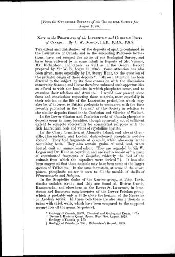 Note on the phosphates of the Laurentian and Cambrian rocks of Canada