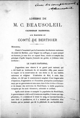 Adresse de M. C. Beausoleil, candidat national, aux électeurs du comté Berthier
