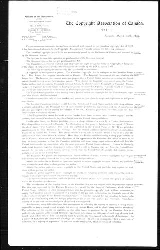 [Statement issued on the Canadian Copyright Act of 1889]