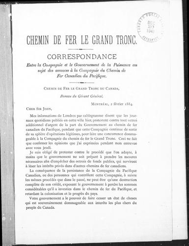 Correspondance entre la compagnie et le gouvernement de la puissance au sujet des avances à la Compagnie du chemin de fer canadien du Pacific