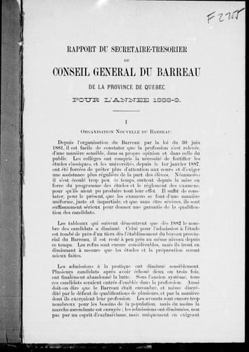 Rapport du secretaire-trésorier du Conseil général du barreau de la province de Québec pour l'année 1888-9
