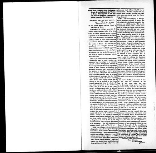 Letter of the president of the Wellington, Grey & Bruce Railway to the warden of Bruce-Able