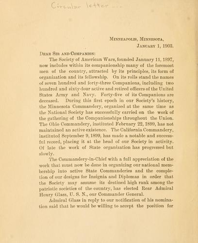 [Circular letter to companion of the Society of American wars about the society]
