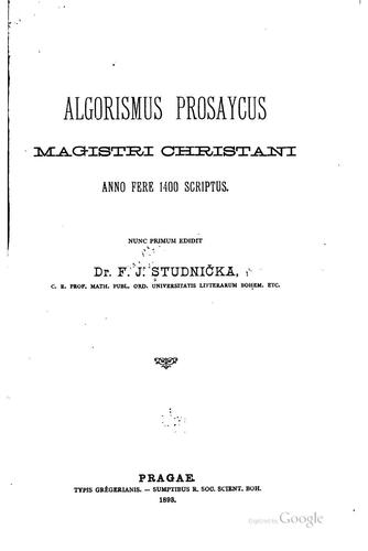 Algorismus prosaycus magistri Christani anno fere 1400 scriptus