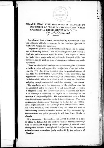 Remarks upon some strictures in relation to inspection of weights and measures which appeared in the Hamilton "Spectator"