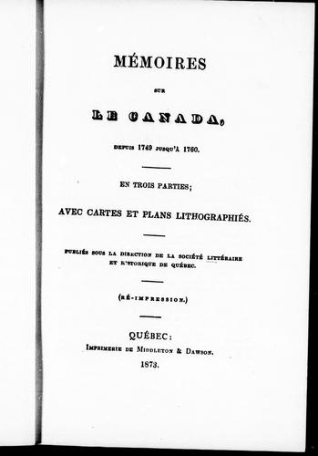 Mémoires sur le Canada depuis 1749 jusqu'à 1760