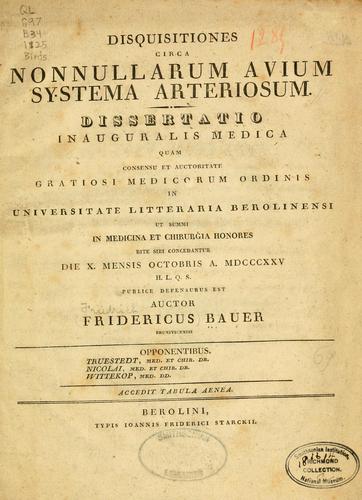 Disquisitiones circa nonnullarum avium systema arteriosum ..