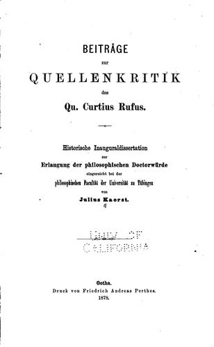 Beiträge zur Quellenkritik des Qu. Curtius Rufus..