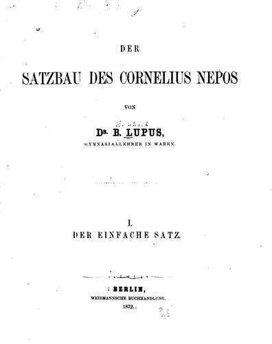 Der Satzbau des Cornelius Nepos: I. Der enfache Satz