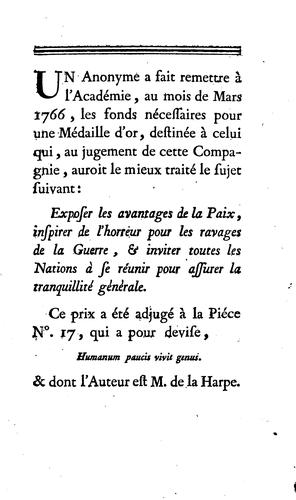 Des malheurs de la guerre, et des avantages de la paix: discours qui a remporté le prix au ..