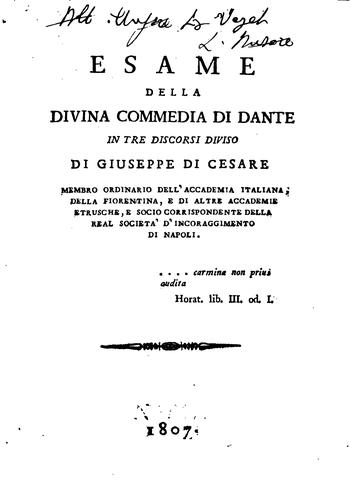 Esame della Divina commedia di Dante in tre discorsi diviso
