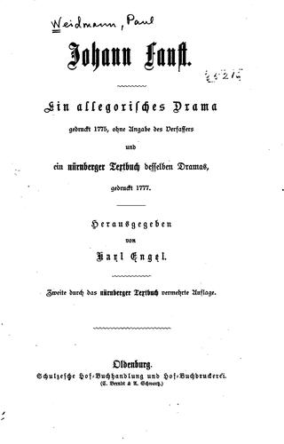 Johann Faust: Ein allegorisches Drama gedruckt 1775, ohne Angabe des ..