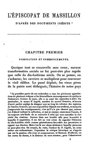 L'épiscopat de Massillon d'après des documents inédits, suivi de sa ..