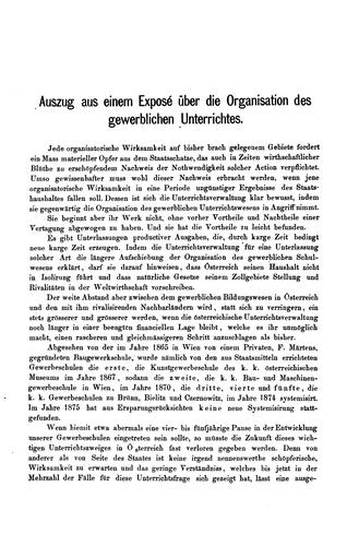 Auszug aus einem Exposé über die Organisation des gewerblichen Unterrichts in Österreich
