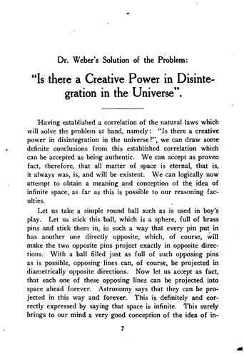 Dr. Frederick C. Weber's Solution of the Centuries' Old Problem: "Is There a Creative Power in ...