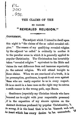 On the Claims of the So Called Revealed Religion: Being a Lecture Delivered at Lahore by Baboo ...