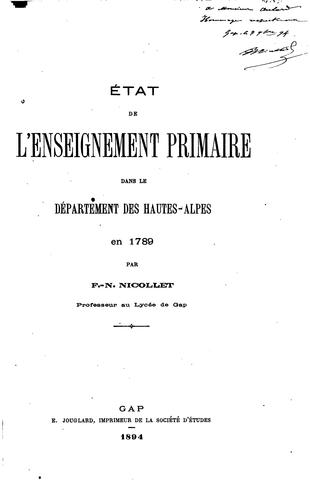 Etat de l'enseignement primaire dans le département des Hautes-Alpes en 1789