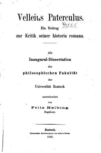 Velleius Paterculus: Ein Beitrag zur Kritik seiner Historia Romana