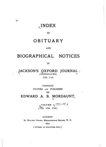 Index to Obituary and Biographical Notices in Jackson's Oxford Journal ...