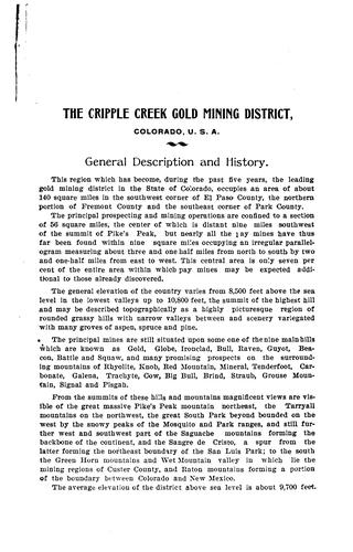 The Cripple Creek Mining District Situate in El Paso, Park, and Fremont Counties, Colorado