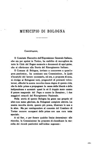 Documenti, biografie ed oggetti esposti dalla città di Bologna nella galleria del risorgimento ...