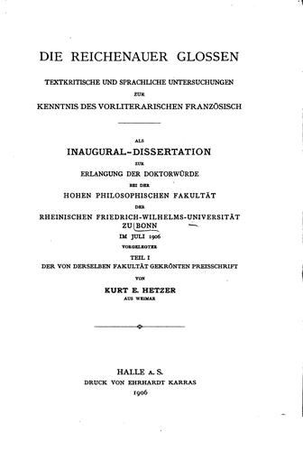 Die Reichenauer Glossen: Textkritische und sprachliche Untersuchungen zur Kenntnis des ...