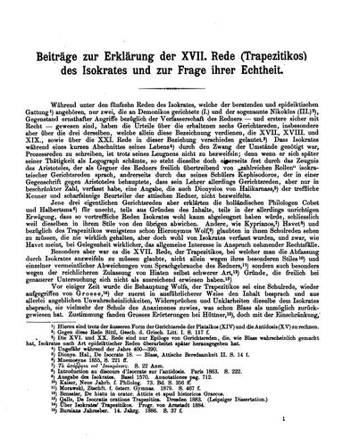 "beiträge zur Erklärung der XVII. Rede(trapezitikos des Isokrates und zur Frage ihrer Echtheir ...