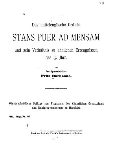 Das mittelenglische Gedict Stans Puer Ad mensam und sein Verhaltnis zu ähnlichen Erzeugnissen ...