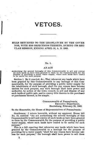 Vetoes by the Governor of Bills Passed by the Gerneral Assembly