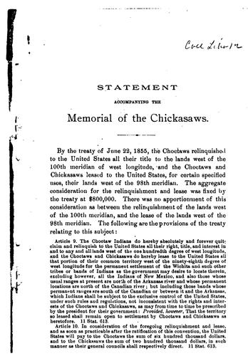 Statement Accompanying the Memorial of the Chickasaws, Relating to Lands of the Choctaw and ..
