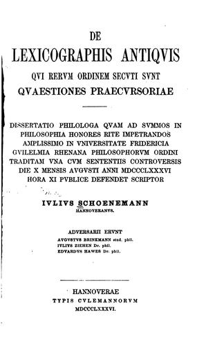 De lexicographis antiquis qui rerum ordinem secuti sunt quaestiones praecursoriae..