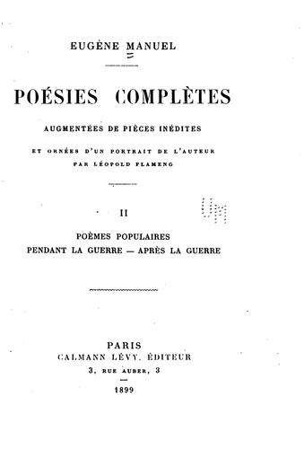 Eugène Manuel: Poésies complètes, augm. de pièces inéd. et ornées d'un portr