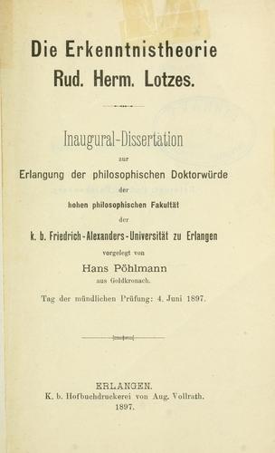 Die Erkenntnistheorie Rud. Herm. Lotzes