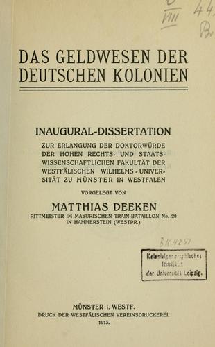 Das Geldwesen der deutschen Kolonien