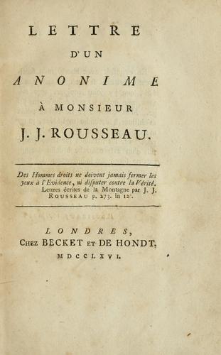 Lettre d'un anonime à Monsieur J.J. Rousseau