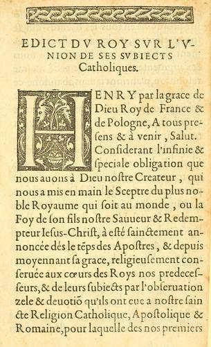 Édict dv Roy svr l'vnion de ses subjects catholiques. Vérifié en la court de Parlement le vingt-uniesme iour de juillet , 1588