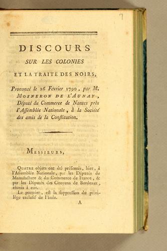 Discours sur les colonies et la traite des noirs, prononcé le 26 février 1790