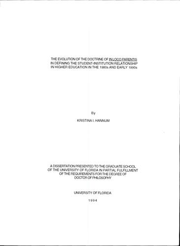 The evolution of the doctrine of in loco parentis in defining the student-institution relationship in higher education in the 1980s and early 1990s