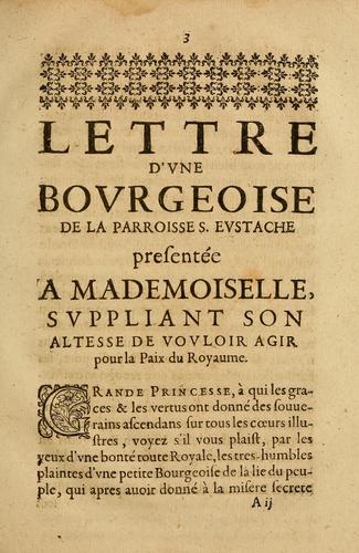 Lettre d'vne bovrgeoise de la parroisse S. Evstache presentée a mademoiselle