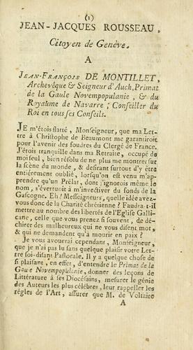 Jean-Jacques Rousseau, citoyen de Genève, a Jean-François de Montillet, Archevêque & Seigneur d'Auch ...
