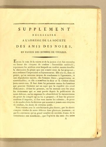 Supplément nécessaire a l'adresse de la Société des amis des noirs. En faveur des hommes de couleur