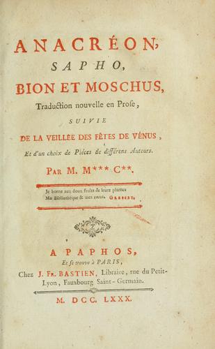 Anacréon, Sapho, Bion et Moschus
