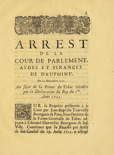 Arrest de la Cour de Pparlement, aydes et finances de Dauphiné, du 19. novembre 1721