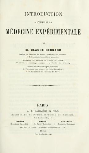 Introduction a l'étude de la médecine expérimentale