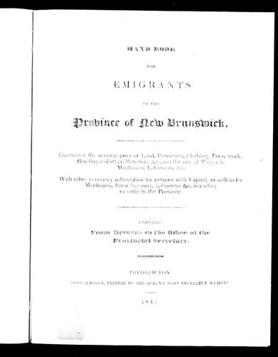 Hand book for emigrants to the province of New Brunswick