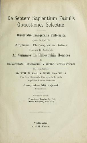 De Septem sapientium fabulis quaestiones selectae