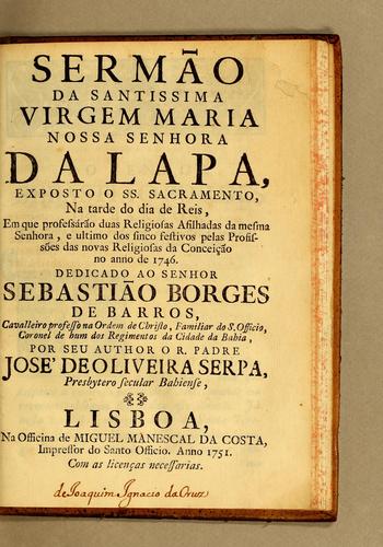 Sermão da Santissima Virgem Maria Nossa Senhora da Lapa