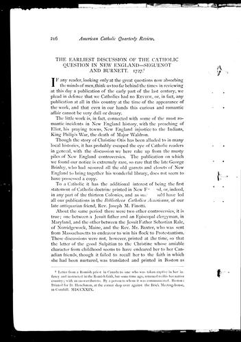 The Earliest discussion of the Catholic question in New England