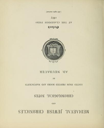 Mediaeval Jewish chronicles and chronological notes